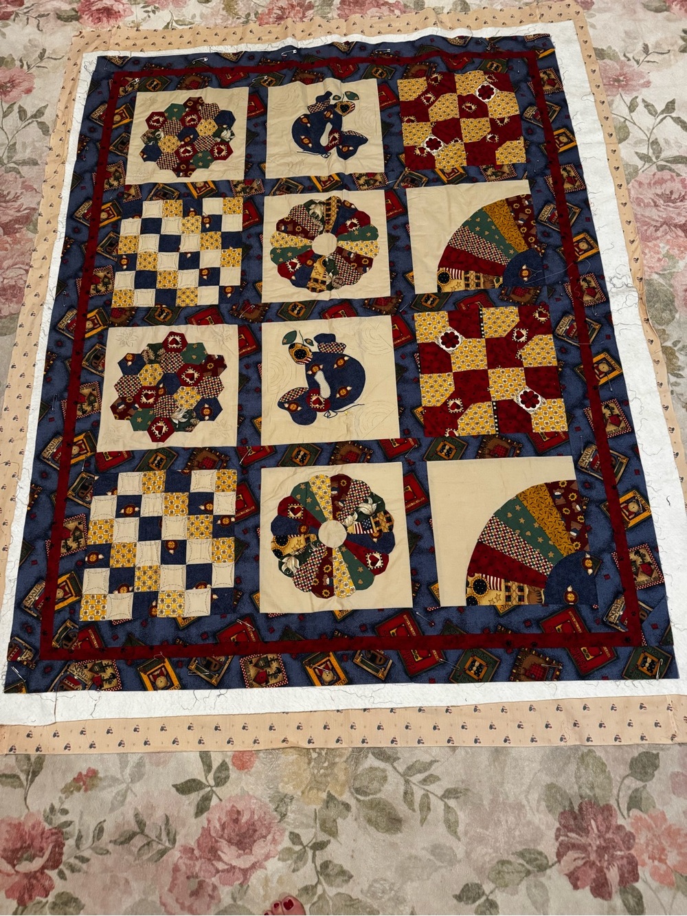 Handmade Quilted Patchwork Throw in Blue, Red & Yellow